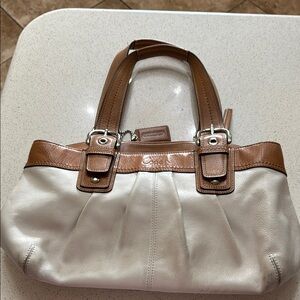 Elegant Coach Cream and Tan Leather Tote Bag
